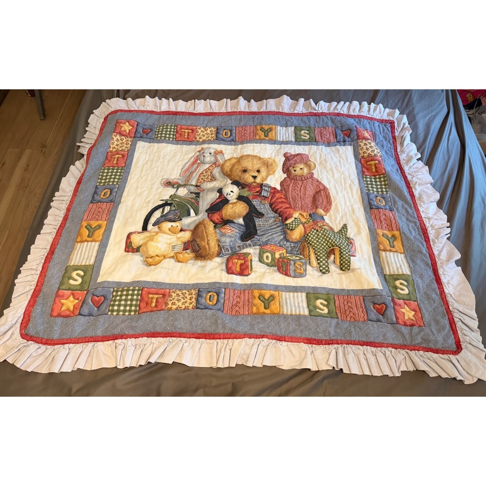 Vintage Teddy Bear Nursery Quilt Ruffled Patchwork Blue Jean Bear Baby Blanket